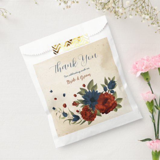 Verbrand sinaasappel en marineblauw bloemenbruilof bedankzakje (Gezegeld)