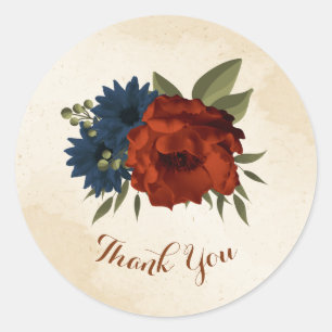 Verbrand sinaasappel en marineblauw bloemendank u ronde sticker
