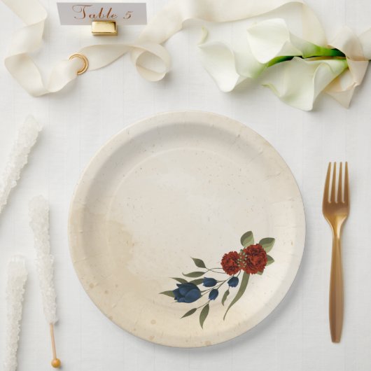 Verbrand sinaasappel en marineblauw bloemig papieren bordje (Huwelijk)