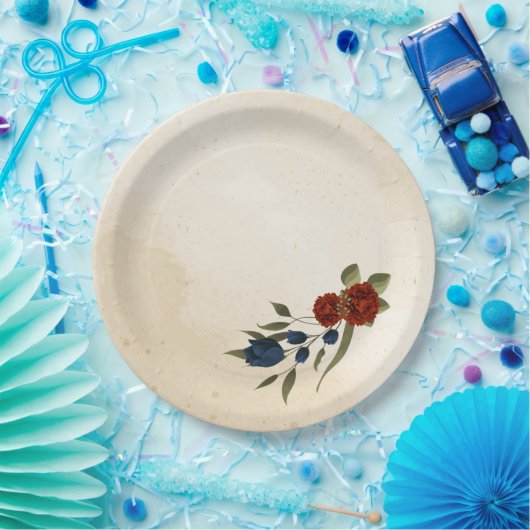 Verbrand sinaasappel en marineblauw bloemig papieren bordje (Feest)