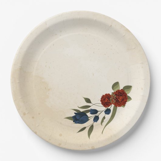 Verbrand sinaasappel en marineblauw bloemig papieren bordje (Voorkant)