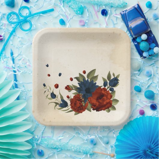 Verbrand sinaasappel en marineblauw bloemig papieren bordje (Feest)