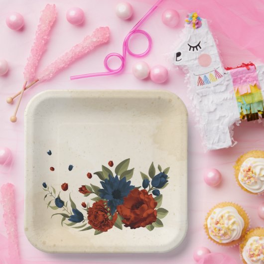 Verbrand sinaasappel en marineblauw bloemig papieren bordje (Feest)