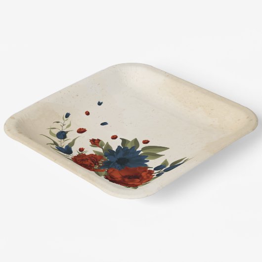 Verbrand sinaasappel en marineblauw bloemig papieren bordje (Gebogen)