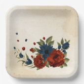 Verbrand sinaasappel en marineblauw bloemig papieren bordje (Voorkant)