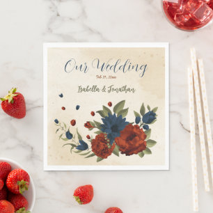 Verbrand sinaasappel en marineblauw bloemig servet