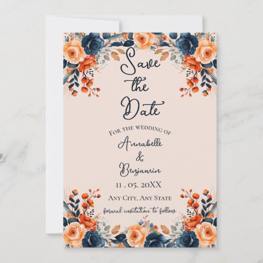 Verbrand Sinaasappel en Navy Floral Save the Date Kaart (Voorkant)