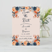 Verbrand Sinaasappel en Navy Floral Save the Date Kaart (Staand voorkant)