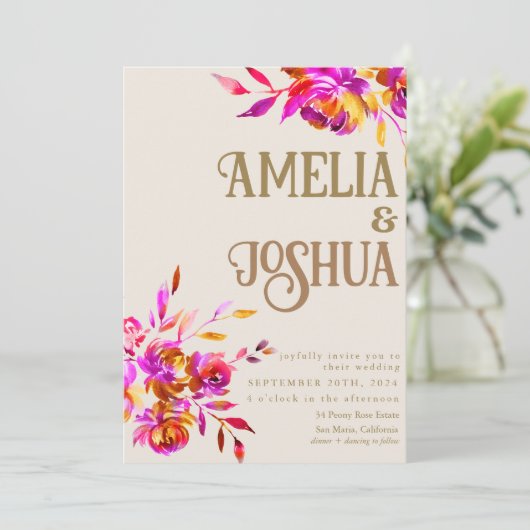 Verbrand Sinaasappel en roze bloemen bruiloft Kaart (Staand voorkant)