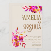 Verbrand Sinaasappel en roze bloemen bruiloft Kaart (Voorkant / Achterkant)