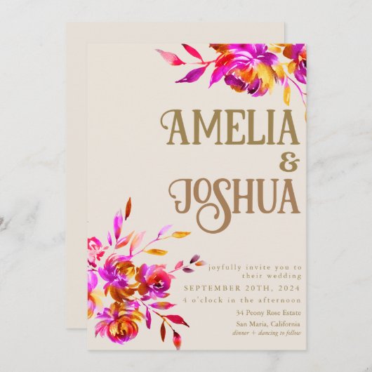 Verbrand Sinaasappel en roze bloemen bruiloft Kaart (Voorkant / Achterkant)