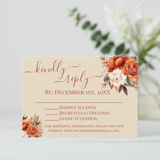 Verbrand Sinaasappel en Rust Bloemen RSVP Kaart (Staand voorkant)