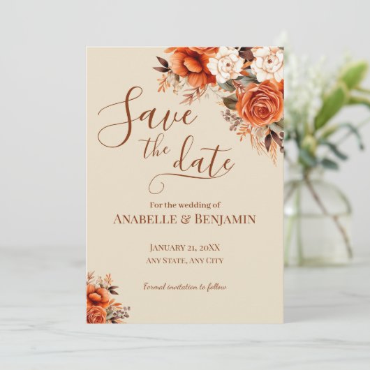 Verbrand Sinaasappel en Rust Bloemen Trouwen Save The Date (Staand voorkant)