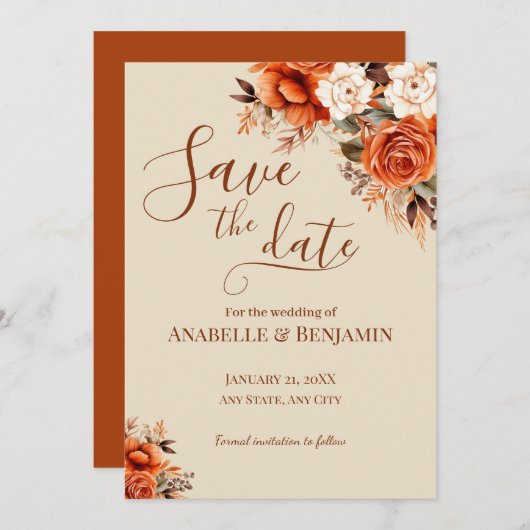 Verbrand Sinaasappel en Rust Bloemen Trouwen Save The Date (Voorkant / Achterkant)