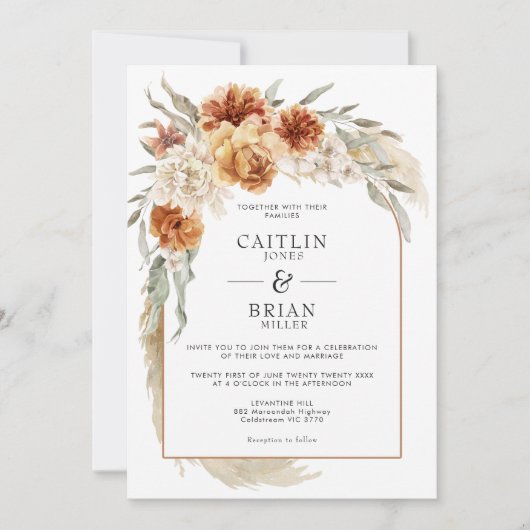 Verbrand Sinaasappel Floral Pampas Arch Boho Weddi Kaart (Voorkant)