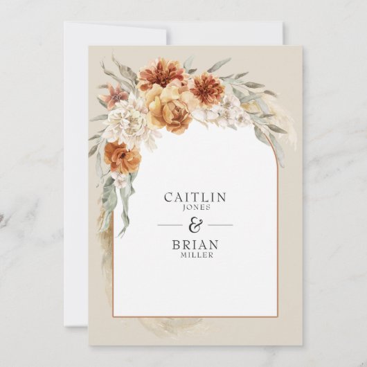 Verbrand Sinaasappel Floral Pampas Arch Boho Weddi Kaart (Achterkant)