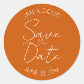 Verbrand Sinaasappel gestileerde bruiloft Save the Ronde Sticker (Voorkant)
