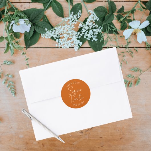 Verbrand Sinaasappel gestileerde bruiloft Save the Ronde Sticker