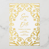 Verbrand Sinaasappel Goud Bloemenblad Kant Bruilof Folie Uitnodiging (Voorkant)