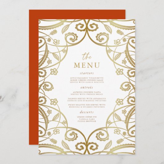 Verbrand Sinaasappel Goud Glitter Kant Bruiloft Me Menu (Voorkant / Achterkant)