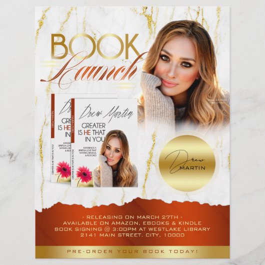 Verbrand Sinaasappel & Goud Marmer Boek Lancering  Flyer (Voorkant)