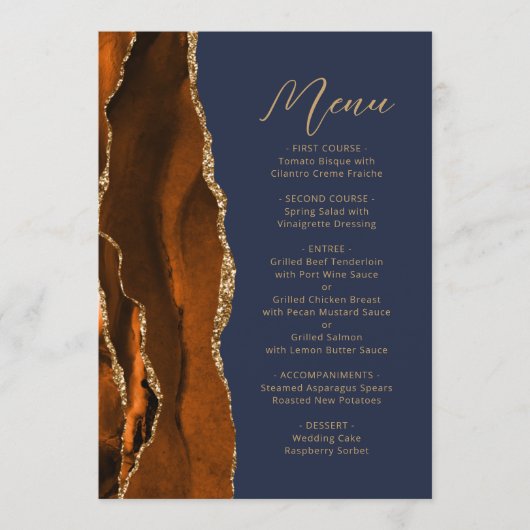 Verbrand Sinaasappel Gouden Agaat Script Navy Blue Menu (Voorkant)