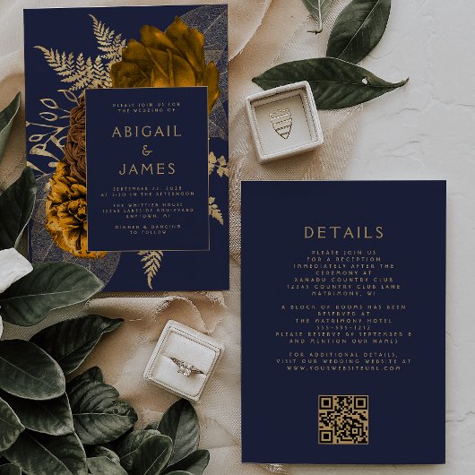 Verbrand Sinaasappel Gouden Bloemen Navy Blue QR C Kaart