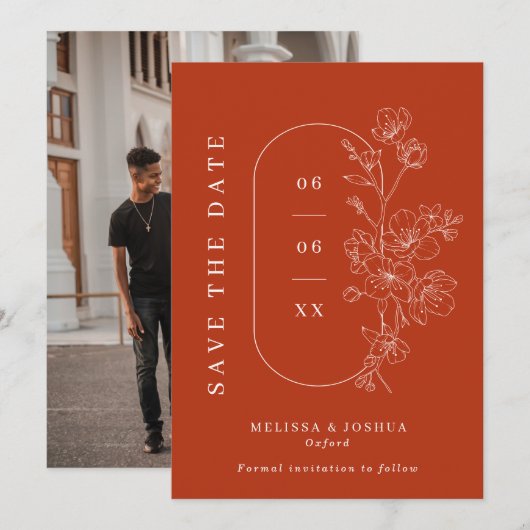 Verbrand Sinaasappel Lijn Getrokken Bloemen Foto b Save The Date (Voorkant / Achterkant)