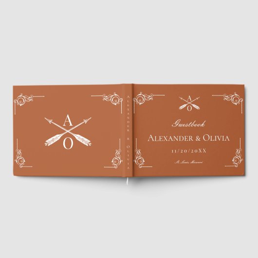 Verbrand Sinaasappel Monogram en Pijlen Bruiloft Gastenboek (Volledig)