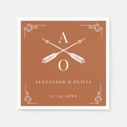 Verbrand Sinaasappel Monogram en Pijlen Bruiloft Servet (Voorkant)