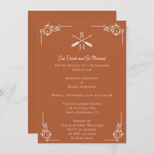 Verbrand Sinaasappel Monogrammen en Pijlen Repetit Kaart (Voorkant / Achterkant)