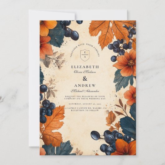 Verbrand Sinaasappel & Navy bessen bruiloft Kaart (Voorkant)