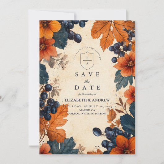 Verbrand Sinaasappel & Navy bessen bruiloft Save The Date (Voorkant)