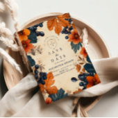 Verbrand Sinaasappel & Navy bessen bruiloft Save The Date