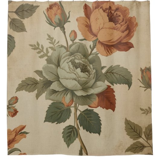 Verbrand Sinaasappel Sage Green  Bloemenprint Douchegordijn (Voorkant)