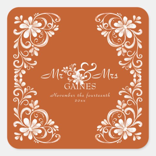 Verbrand Sinaasappel Shabby Chic Mr & Mrs Wedding  Vierkante Sticker (Voorkant)