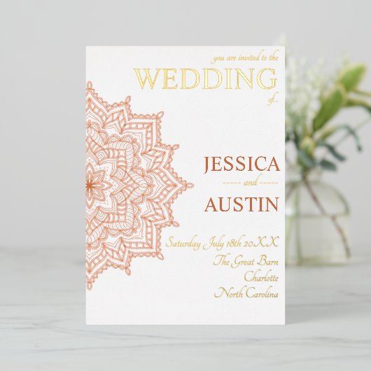 Verbrand Sinaasappel Sunrise Mandala Summer Fall W Folie Uitnodiging (Staand Voorkant)