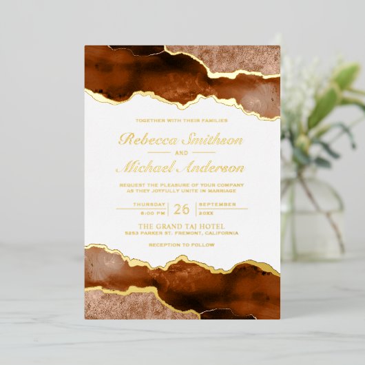 Verbrand Sinaasappel Terracotta Agaat Marmer Bruil Folie Uitnodiging (Staand Voorkant)