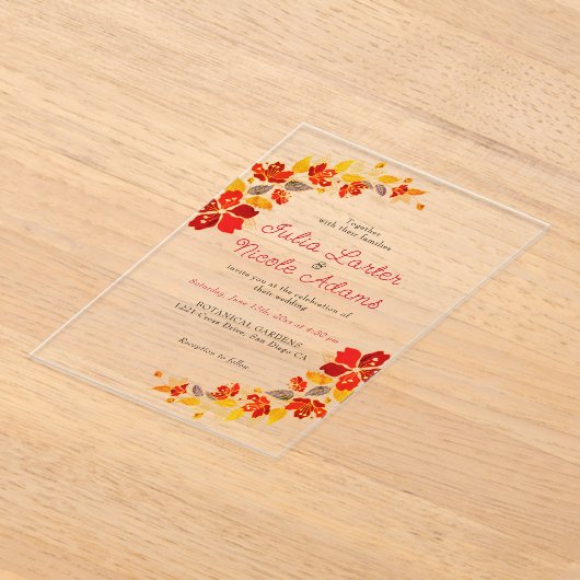 Verbrand Sinaasappel Tropische Hibiscus Bloemen Hu Acryl Uitnodigingen (Laagn)