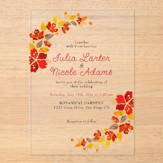 Verbrand Sinaasappel Tropische Hibiscus Bloemen Hu Acryl Uitnodigingen (Voorkant)