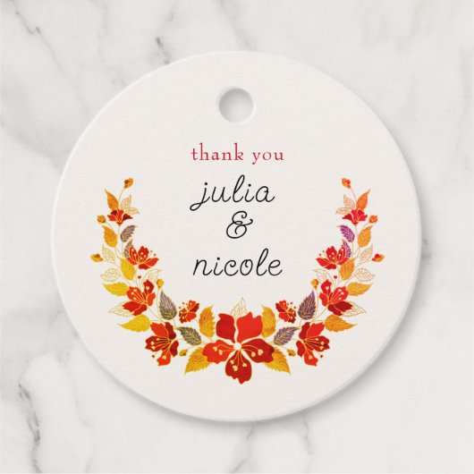 Verbrand Sinaasappel Tropische Hibiscus Bloemen Hu Bedankjes Labels (Voorkant)