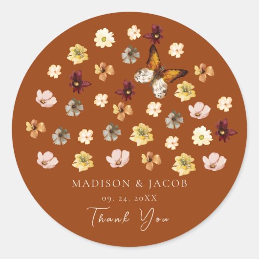 Verbrand Sinaasappel Wildflower Boho Wedding Stick Ronde Sticker (Voorkant)