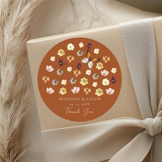Verbrand Sinaasappel Wildflower Boho Wedding Stick Ronde Sticker