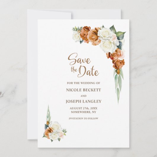 Verbrand Sinaasappel Witte Bloemen Trouwen Save th Save The Date (Voorkant)