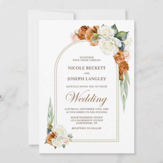 Verbrand Sinaasappel Witte Rose Bloemenboog bruilo Kaart (Voorkant)