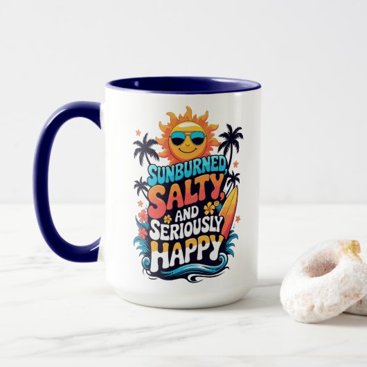 Verbrand, Zout en Gelukkig – Retro Strand Vibes Mok (Met donut)