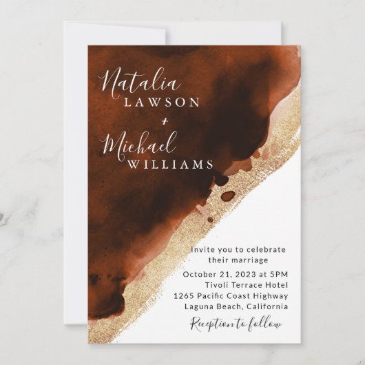 Verbrandd Oranje koper en gouden Waterverf bruilof Kaart (Voorkant)