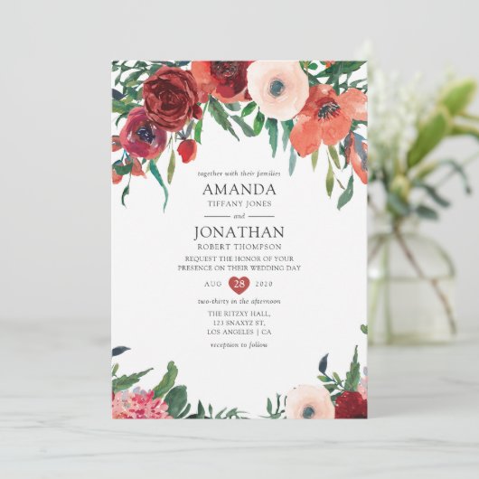 Verbrandd Sinaasappel en blush Floral Wedding Kaart (Staand voorkant)