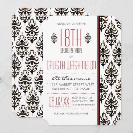 Verbrandde  Damask 18e Birthday Party Kaart (Voorkant / Achterkant)