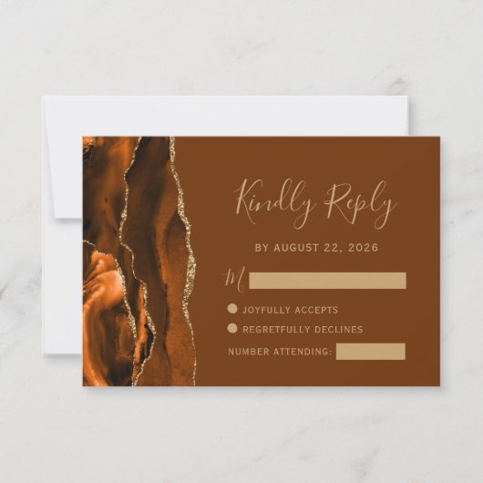 Verbrandde Oranje Agate Gold Brown Wedding RSVP Ka (Voorkant)